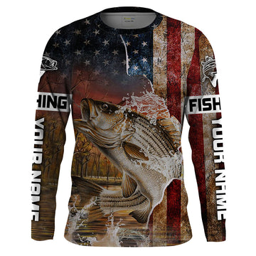 Bluejose Striped Bass Fishing American Flag Custom Long Sleeve Fishing Shirts, Personalized Patriotic Fishing Gifts
