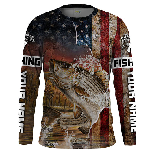 Bluejose Striped Bass Fishing American Flag Custom Long Sleeve Fishing Shirts, Personalized Patriotic Fishing Gifts