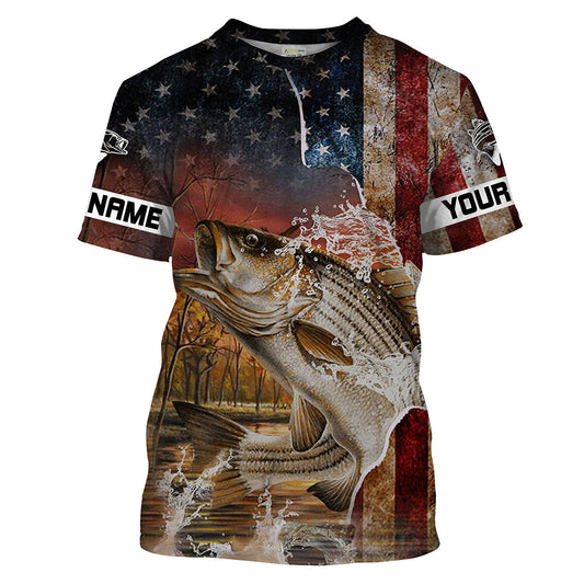 Bluejose Striped Bass Fishing American Flag Custom Long Sleeve Fishing Shirts, Personalized Patriotic Fishing Gifts