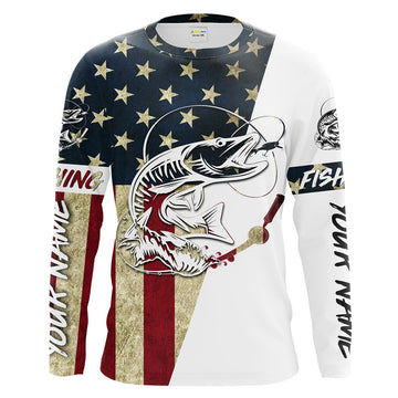 Bluejose Personalized Musky Fishing American Flag Long Sleeve Fishing Shirts, Patriotic Fishing Gifts