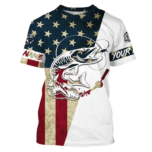 Bluejose Personalized Musky Fishing American Flag Long Sleeve Fishing Shirts, Patriotic Fishing Gifts