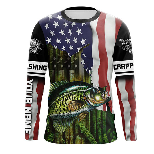 Bluejose Crappie Fishing American Flag Personalized   Long Sleeve Performance Fishing Tournament Shirts Upf