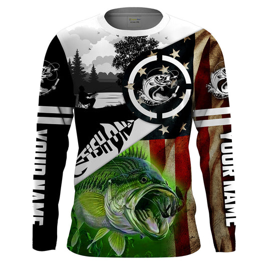 Bluejose Largemouth Bass Fishing American Flag Patriot Performance Fishing Shirt   Customize Name Long Sleeve