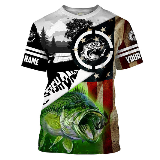 Bluejose Largemouth Bass Fishing American Flag Patriot Performance Fishing Shirt   Customize Name Long Sleeve