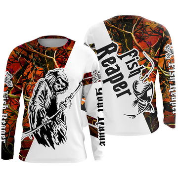 BlueJose Halloween Fish Reaper Custom Skull Fishing Long Sleeve Shirts