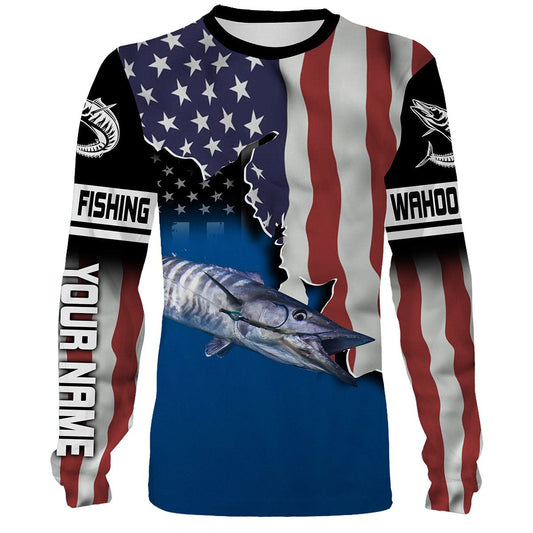 Bluejose Wahoo Fishing American Flag Custom Long Sleeve Fishing Shirts, Patriotic Tournament Fishing Shirts