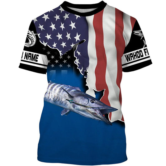 Bluejose Wahoo Fishing American Flag Custom Long Sleeve Fishing Shirts, Patriotic Tournament Fishing Shirts