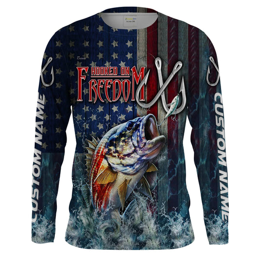 Bluejose Bass Fishing American Flag Fishing Shirts, Personalized Patriotic Fishing Gifts Hookded On Freedom