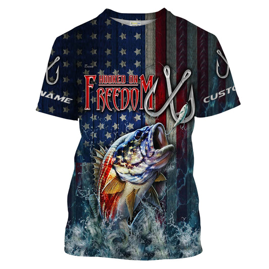 Bluejose Bass Fishing American Flag Fishing Shirts, Personalized Patriotic Fishing Gifts Hookded On Freedom