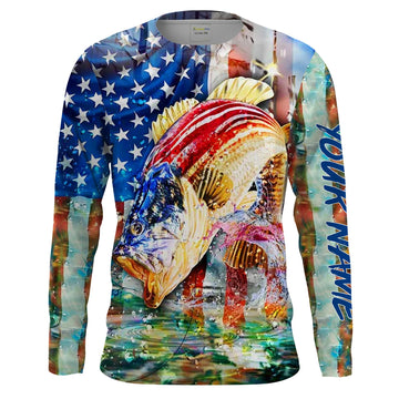 Bluejose Bass Fishing American Flag Custom  Long Sleeve Fishing Shirts, Patriotic 4Th Of July Fishing Shirts