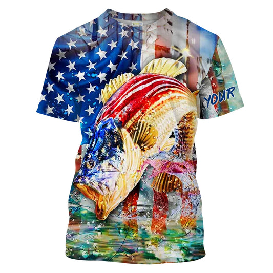 Bluejose Bass Fishing American Flag Custom  Long Sleeve Fishing Shirts, Patriotic 4Th Of July Fishing Shirts