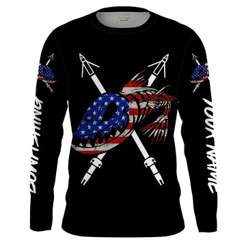 Bluejose Bowfishing American Flag Custom Long Sleeve Fishing Shirts, Patriotic Bow Fishing Gifts