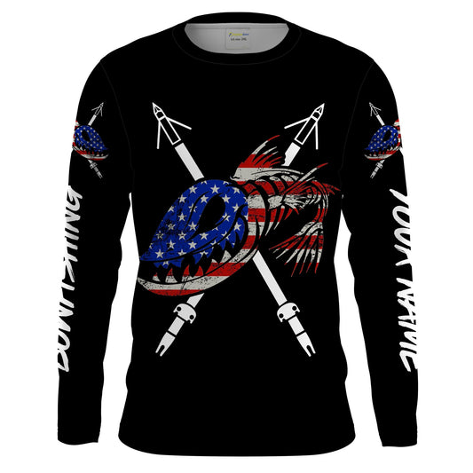 Bluejose Bowfishing American Flag Custom Long Sleeve Fishing Shirts, Patriotic Bow Fishing Gifts