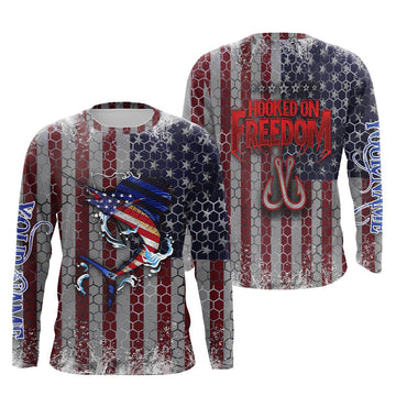 Bluejose Sailfish Fishing American Flag Custom Long Sleeve Fishing Shirts, Hooked On Freedom Patriotic