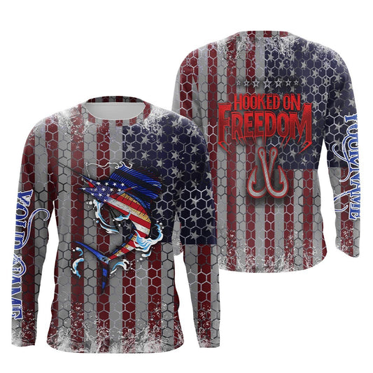 Bluejose Sailfish Fishing American Flag Custom Long Sleeve Fishing Shirts, Hooked On Freedom Patriotic