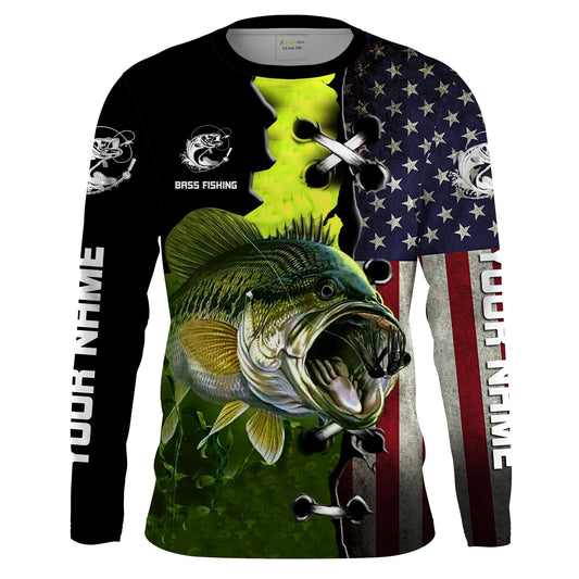 Bluejose Personalized Largemouth Bass American Flag Fishing Shirts, Patriotic Bass Fishing
