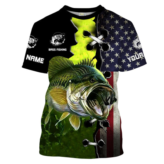 Bluejose Personalized Largemouth Bass American Flag Fishing Shirts, Patriotic Bass Fishing