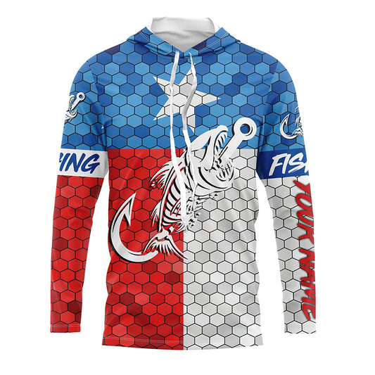 Bluejose Texas Fishing Fish Hook Skull Custom Name   3D Long Sleeve Fishing Shirts