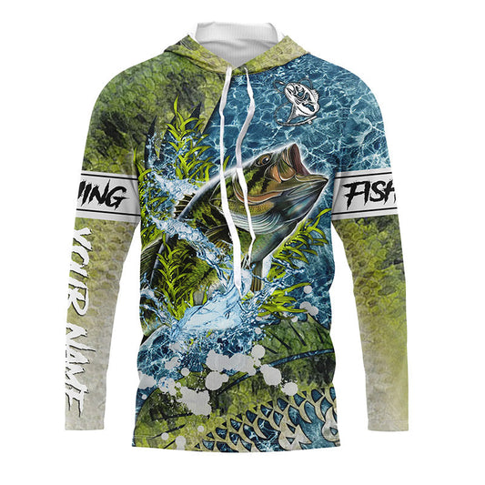 Bluejose Largemouth Bass Fishing Custom Green Scales Water Camo Fishing Shirt | Long Sleeve, Long Sleeve Hooded