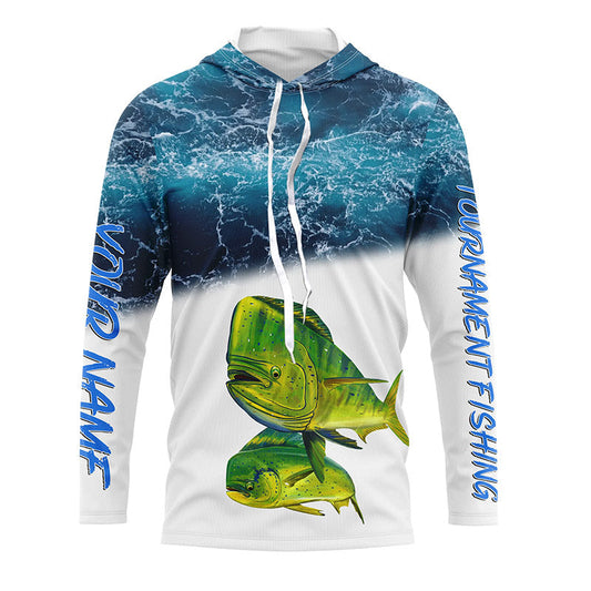 Bluejose Mahi Mahi Fishing Custom Blue Sea Wave Camo Fishing Tournament Shirts |Long Sleeve, Long Sleeve Hooded