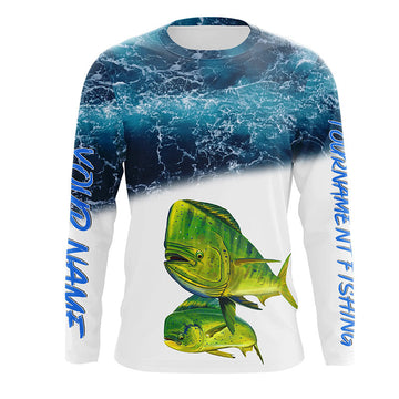 Bluejose Mahi Mahi Fishing Custom Blue Sea Wave Camo Fishing Tournament Shirts |Long Sleeve, Long Sleeve Hooded