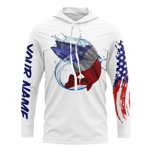 Bluejose Personalized Walleye Fishing Jerseys, Walleye American Flag Fishing Long Sleeve, Long Sleeve Hooded