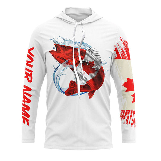 Bluejose Personalized Walleye Fishing Jerseys, Custom Canadian Flag Walleye Long Sleeve, Long Sleeve Hooded