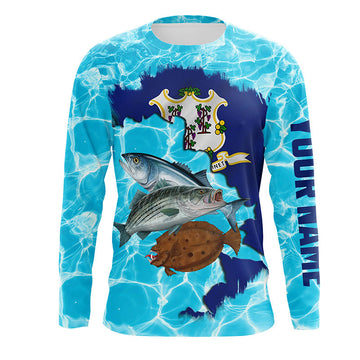 Bluejose Personalized Connecticut Flag Fishing Striped Bass, Bluefish, Flounder Long Sleeve, Long Sleeve Hooded