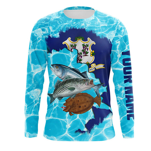 Bluejose Personalized Connecticut Flag Fishing Striped Bass, Bluefish, Flounder Long Sleeve, Long Sleeve Hooded