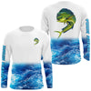 Bluejose Mahi Mahi Fishing Jerseys, Personalized Dorado Blue Sea Wave Camo Long Sleeve, Long Sleeve