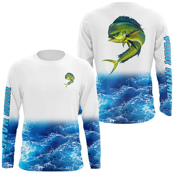 Bluejose Mahi Mahi Fishing Jerseys, Personalized Dorado Blue Sea Wave Camo Long Sleeve, Long Sleeve