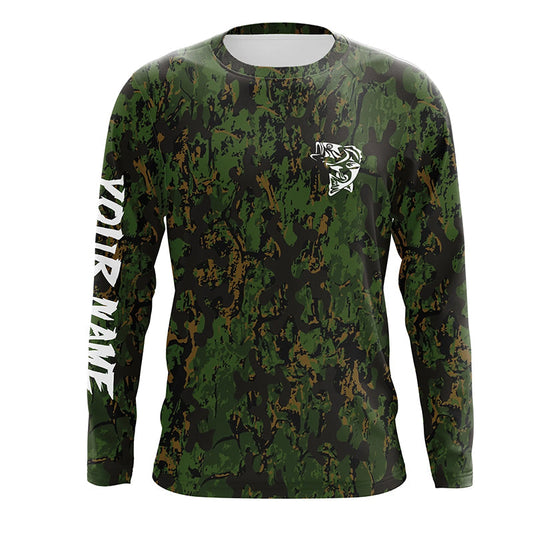 Bluejose Custom Bass Fishing Jerseys, Personalized Bass Fishing Green Camouflage Fishing Long Sleeve Shirts