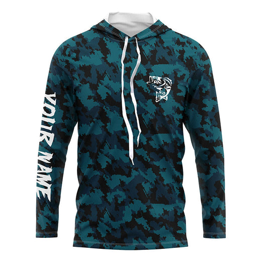 Bluejose Custom Bass Fishing Jerseys, Personalized Bass Fishing Blue Camouflage Fishing Long Sleeve Shirts