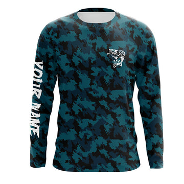Bluejose Custom Bass Fishing Jerseys, Personalized Bass Fishing Blue Camouflage Fishing Long Sleeve Shirts