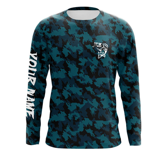 Bluejose Custom Bass Fishing Jerseys, Personalized Bass Fishing Blue Camouflage Fishing Long Sleeve Shirts