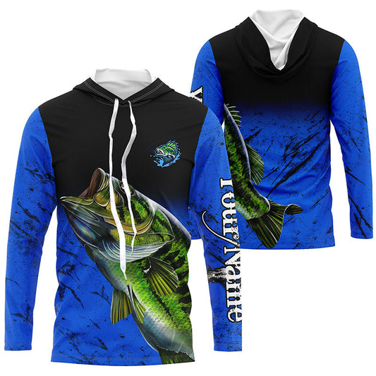 Bluejose Custom Blue Largemouth Bass Fishing Jerseys, Personalized Bass Fishing Tournament Long Sleeve Shirt