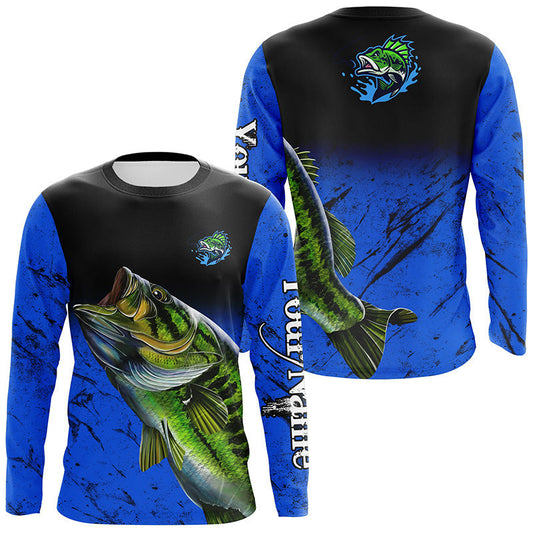 Bluejose Custom Blue Largemouth Bass Fishing Jerseys, Personalized Bass Fishing Tournament Long Sleeve Shirt