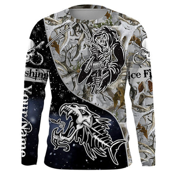 BlueJose Halloween Fish Reaper Skull Ice Fishing Winter Camo Custom Name Long Sleeve