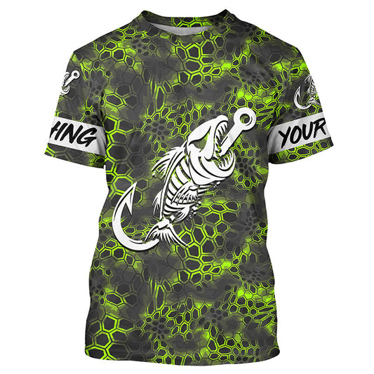 BlueJose Custom Name Fish Hook Skull Green Camo Shirt