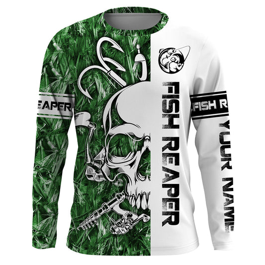 BlueJose Halloween Fish Reaper Fishing Green Camo Custom Name Long Sleeve Shirt