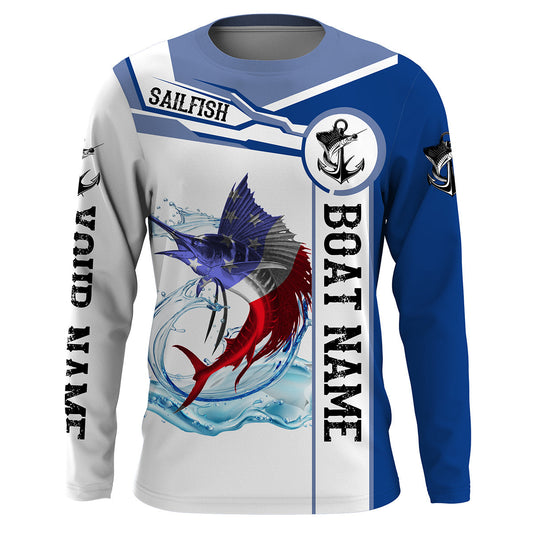Bluejose Sailfish Fishing American Flag Custom Name And Boat Name Performance Long Sleeve Fishing Shirts, Patriotic Fishing Gifts