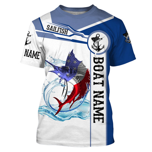 Bluejose Sailfish Fishing American Flag Custom Name And Boat Name Performance Long Sleeve Fishing Shirts, Patriotic Fishing Gifts