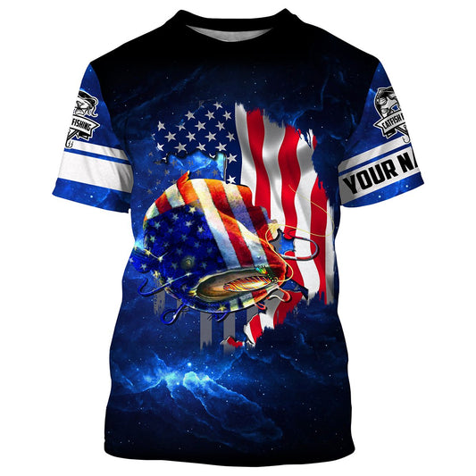 Bluejose Catfish Fishing 3D American Flag Patriotic Customize Name All Over Print Shirts - Personalized Fishing Gift