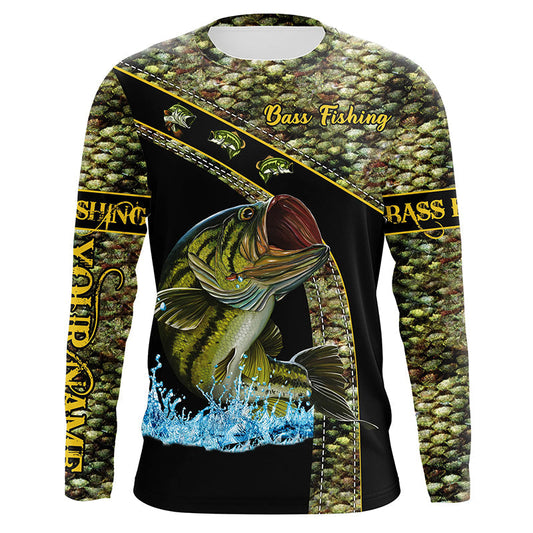Bluejose Largemouth Bass Fishing Green Bass Scales Custom Name Bass Fishing Long Sleeve, Long Sleeve Hoodedâ 