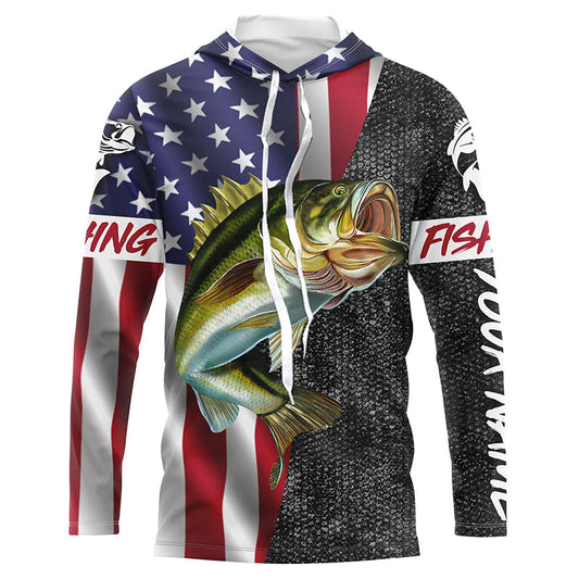 Bluejose Personalized Bass Fishing Jerseys, Custom American Flag Bass Fishing Long Sleeve, Long Sleeve Hooded