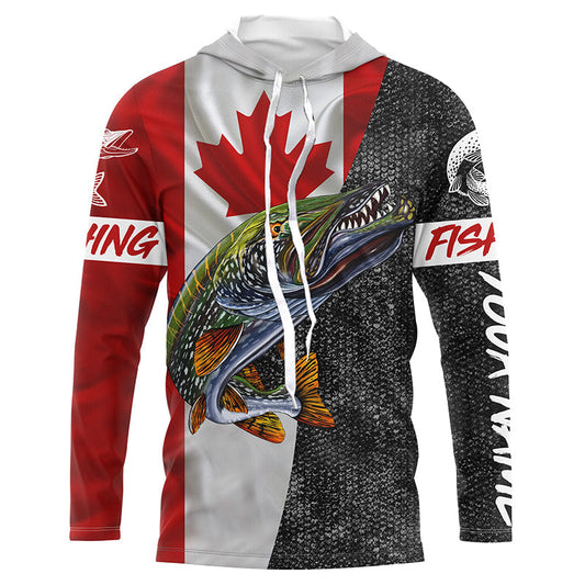 Bluejose Personalized Northern Pike Fishing Jerseys, Custom Canadian Flag Pike Long Sleeve, Long Sleeve Hooded