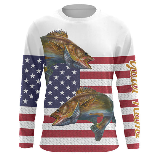 Bluejose Walleye Fishing American Flag Patriotic Customize Name All Over Print Shirts, 4Th Of July Fishing Shirt