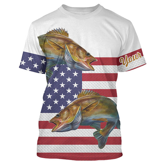 Bluejose Walleye Fishing American Flag Patriotic Customize Name All Over Print Shirts, 4Th Of July Fishing Shirt