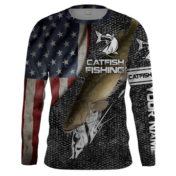 Bluejose Flathead Catfish Fishing American Flag Patriotic Custom Name 3D Shirts