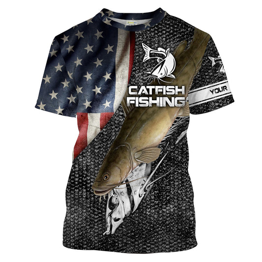 Bluejose Flathead Catfish Fishing American Flag Patriotic Custom Name 3D Shirts